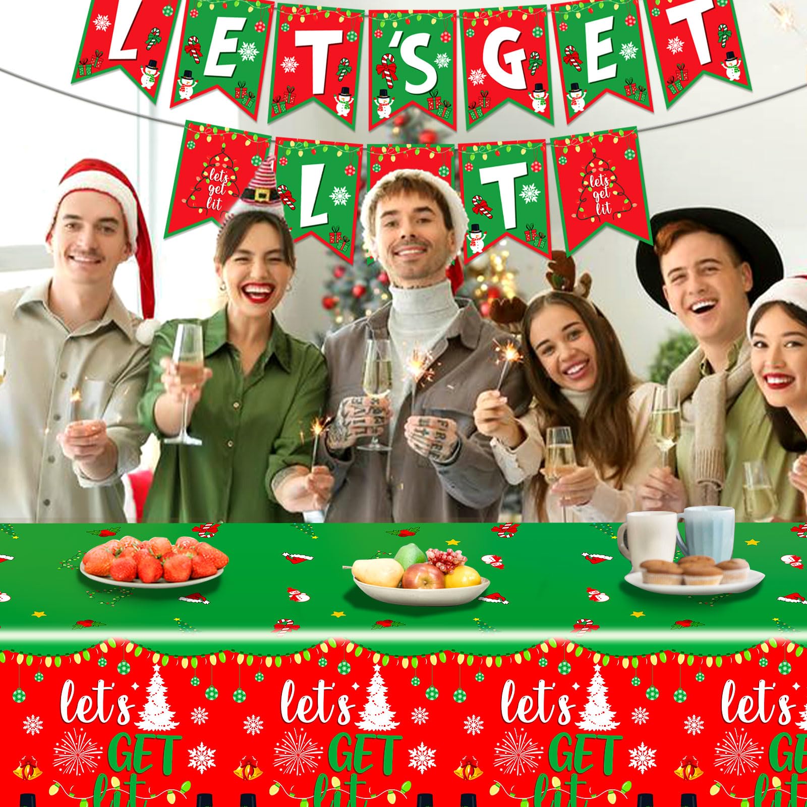 Yavxzvbw 3Pcs Let's Get Lit Christmas Party Decorations & Supplies - Tableware Set with Tablecloth & More for Friendsmas Party