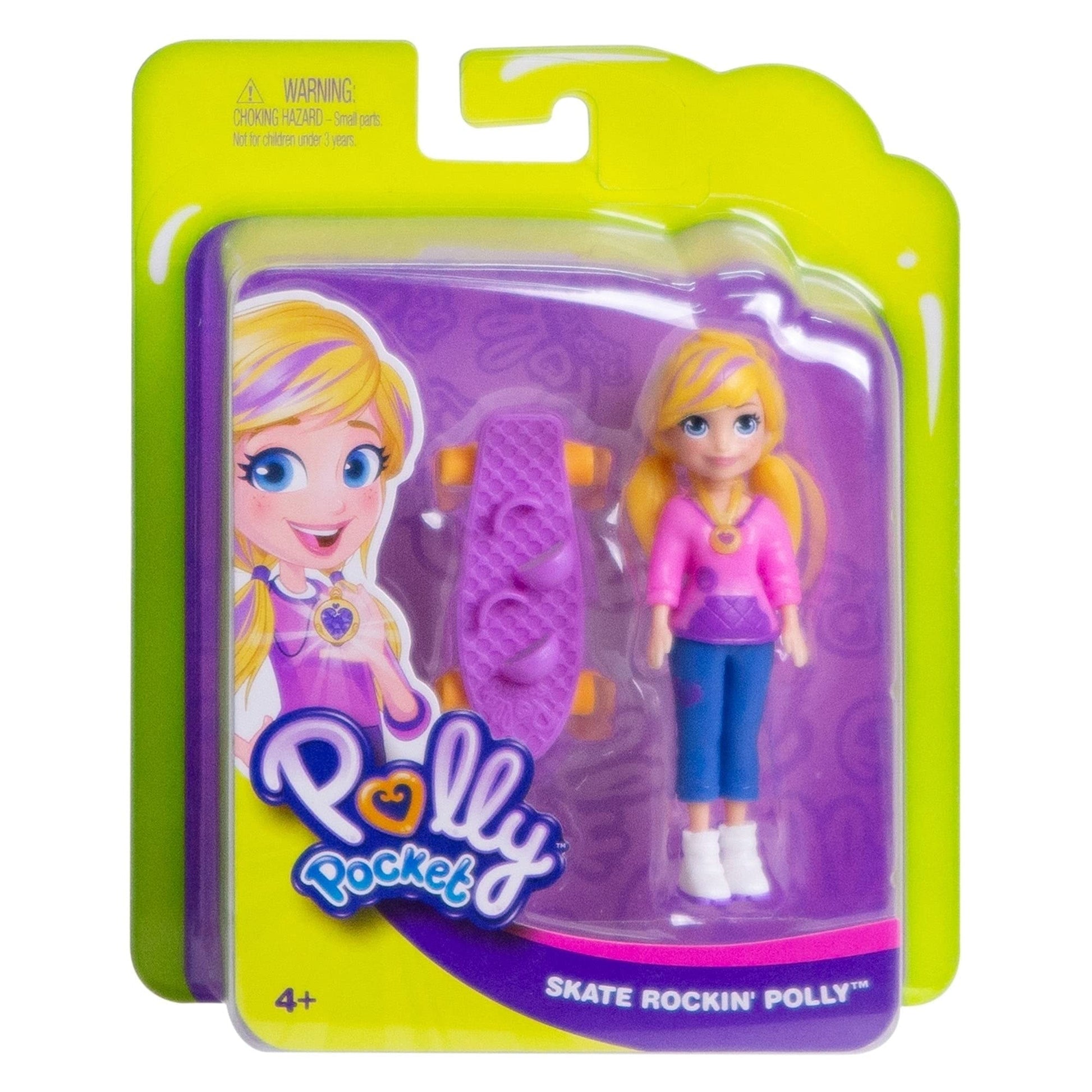 Polly Pocket 3" Doll with Iconic Outfit & Clip On Skateboard with Rolling Wheels