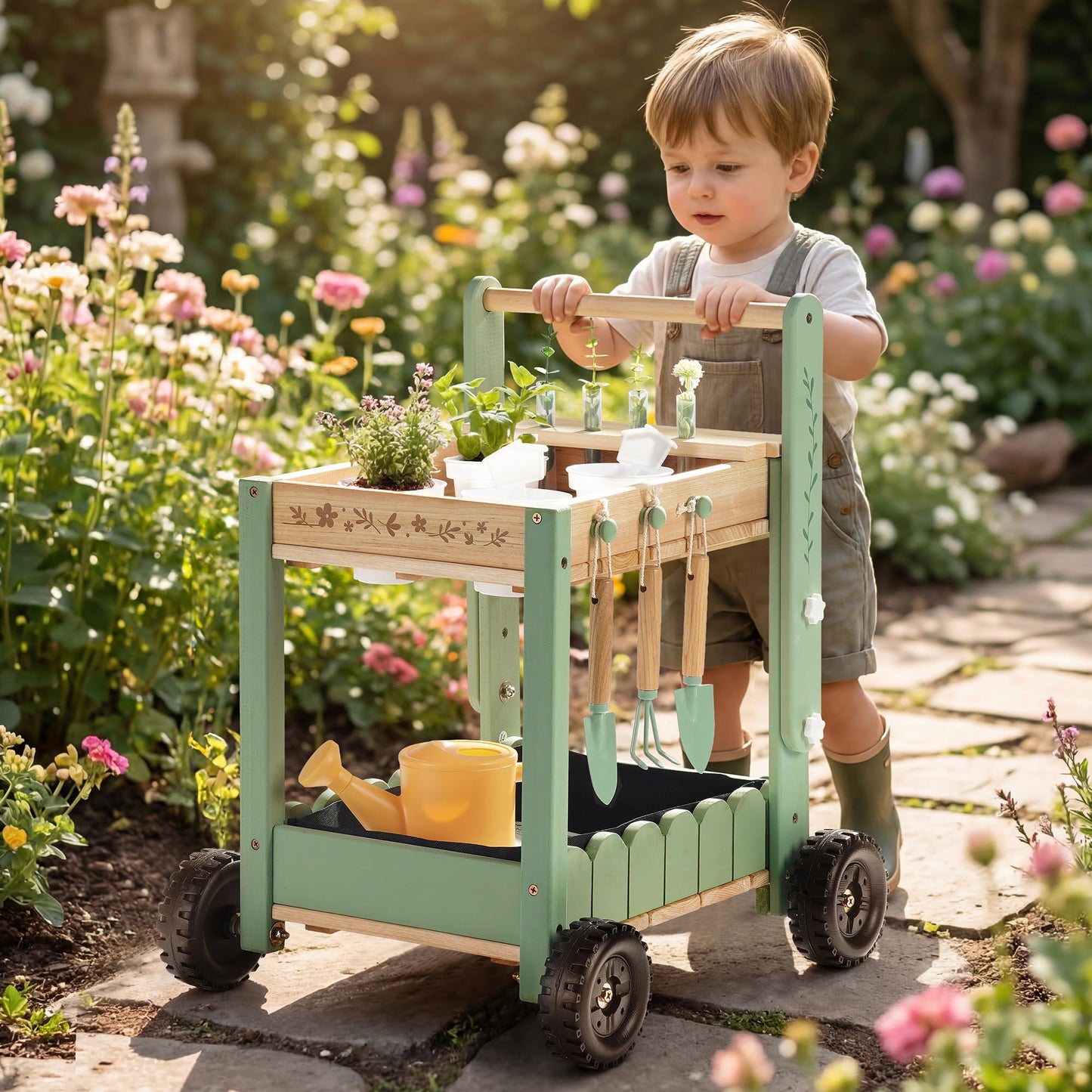 ROBOTIME Kids Gardening Tools with Cart Wheelbarrow - Wooden Outdoor Garden Toys Set with Watering Can, Shovel, Hand Rake & Plant Labels, Outdoor
