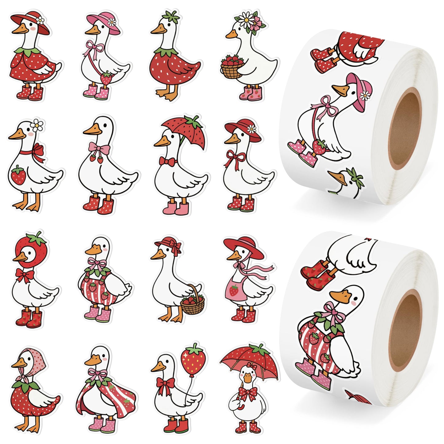 5wsech Summer Strawberry Goose Roll Stickers - 1000Pcs Pink Red Bow Strawberry Silly Goose Decals, Funny Summer Holiday Decorative Stickers Gift