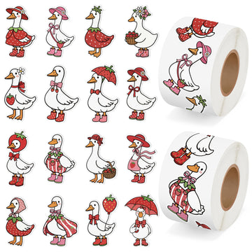 5wsech Summer Strawberry Goose Roll Stickers - 1000Pcs Pink Red Bow Strawberry Silly Goose Decals, Funny Summer Holiday Decorative Stickers Gift