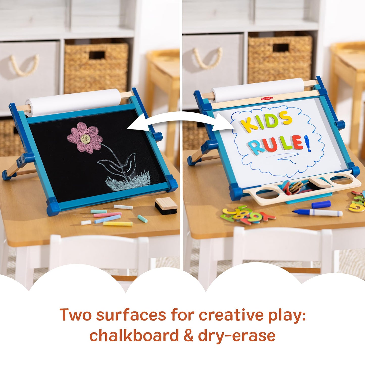 Melissa & Doug Magnetic Tabletop Easel, Deluxe Double-Sided Wooden Art Set with Chalkboard, Dry-Erase Board, Paper Roll Holder, Magnets & Art