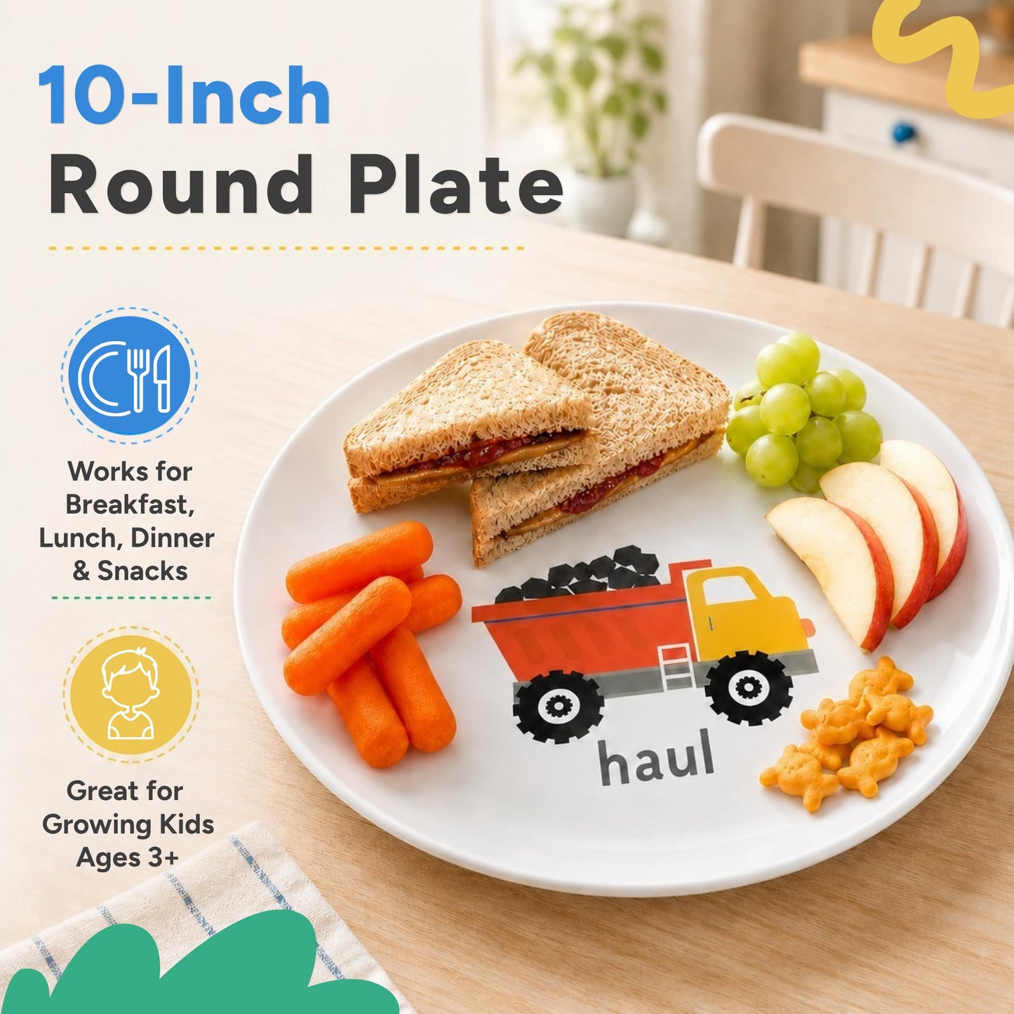 Tiny Expressions - Construction Plates for Toddlers - Set of 4 Melamine Plates for Kids - Excavator, Cement Mixer, Bulldozer, and Dump Truck - Fun