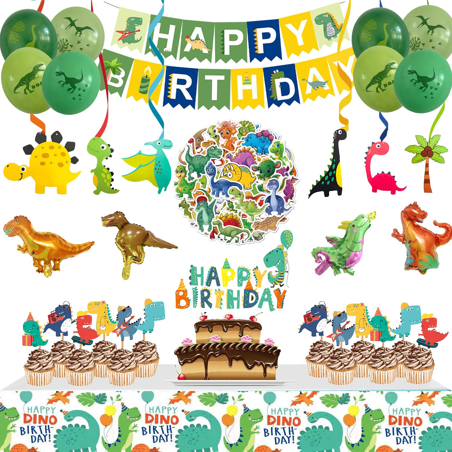 Dinosaur Birthday Decorations, 104 Piece Dinosaur Party Decorations for Boys Dino Birthday Party Supplies Set Include Banner Balloons Cake Toppers