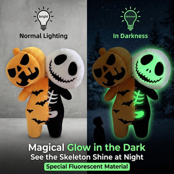 Glow-in-the-Dark Halloween Plush Toy - Reversible Pumpkin & Skeleton Dual Head Horrible Plushies Pillow 9.8" Ultra-Soft Cuddle Buddy noctilucent Bones