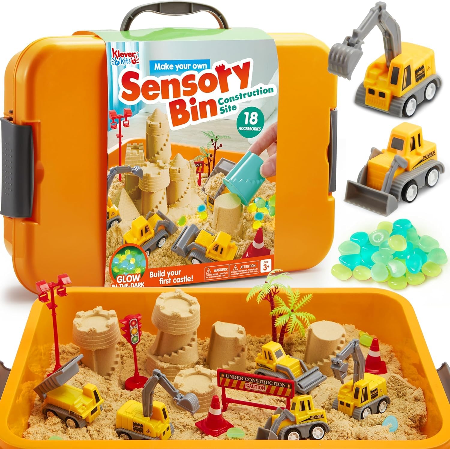 JOVA Klever Kits Construction Sensory Bin for Kids with Glow in The Dark Stones, Sandbox with Lid Castle Building kit, Preschool Learning Activities