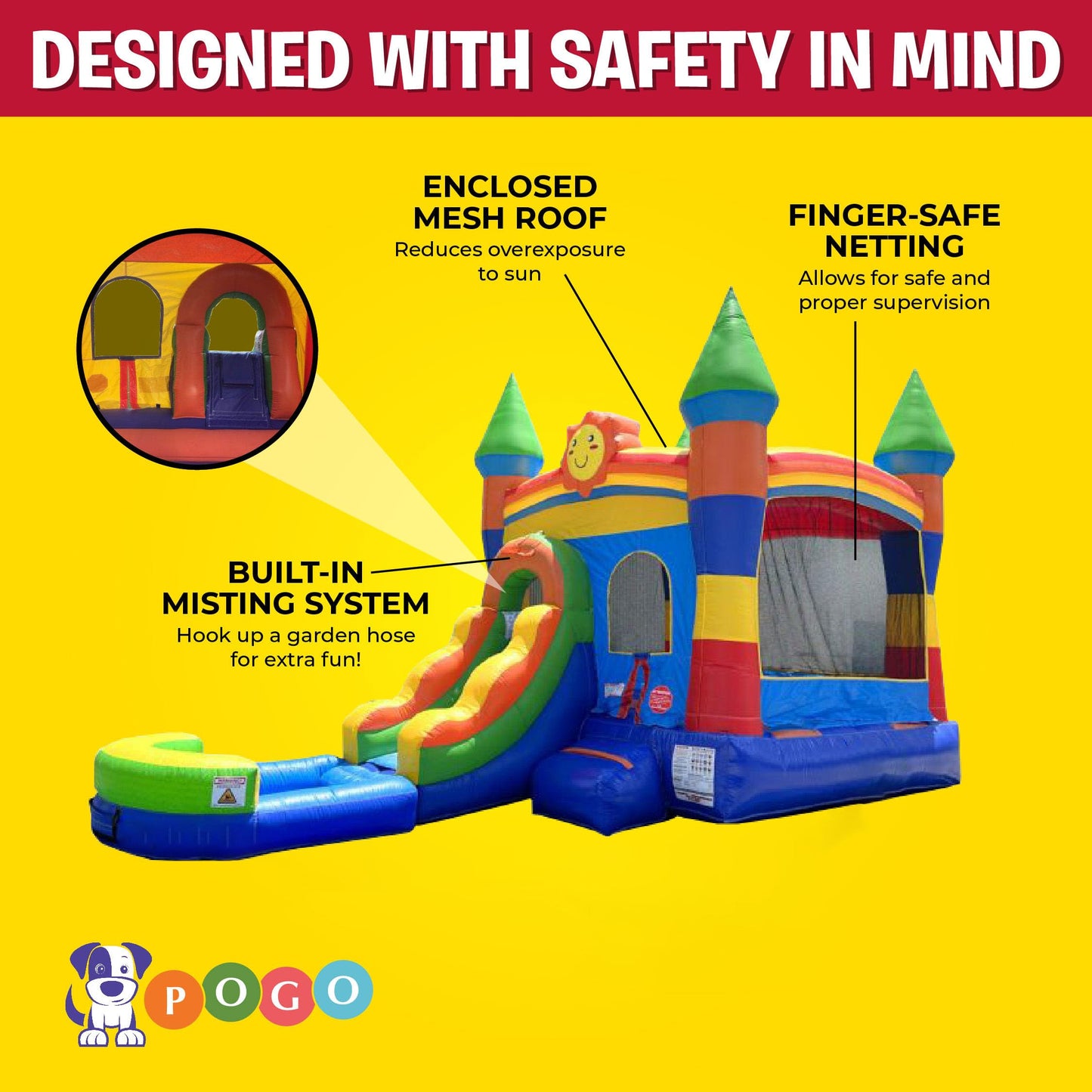 Pogo Bounce House Inflatable Jump Castle Water Slide & Pool, Rainbow Sun