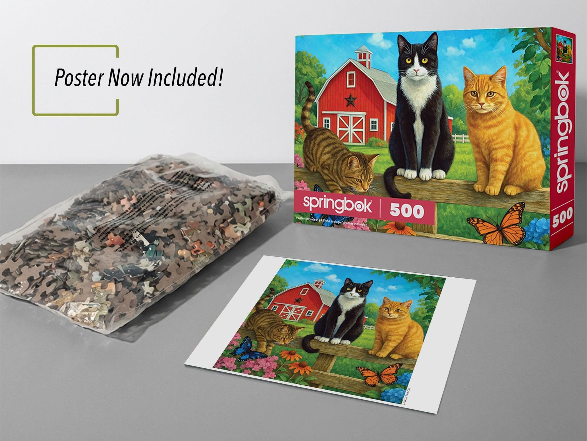 Springbok Farm Cats 500 Piece Jigsaw Puzzle for Adults & Family - Poster Now Included - Country Farm Art, Playful Cats Illustration - Unique Cut