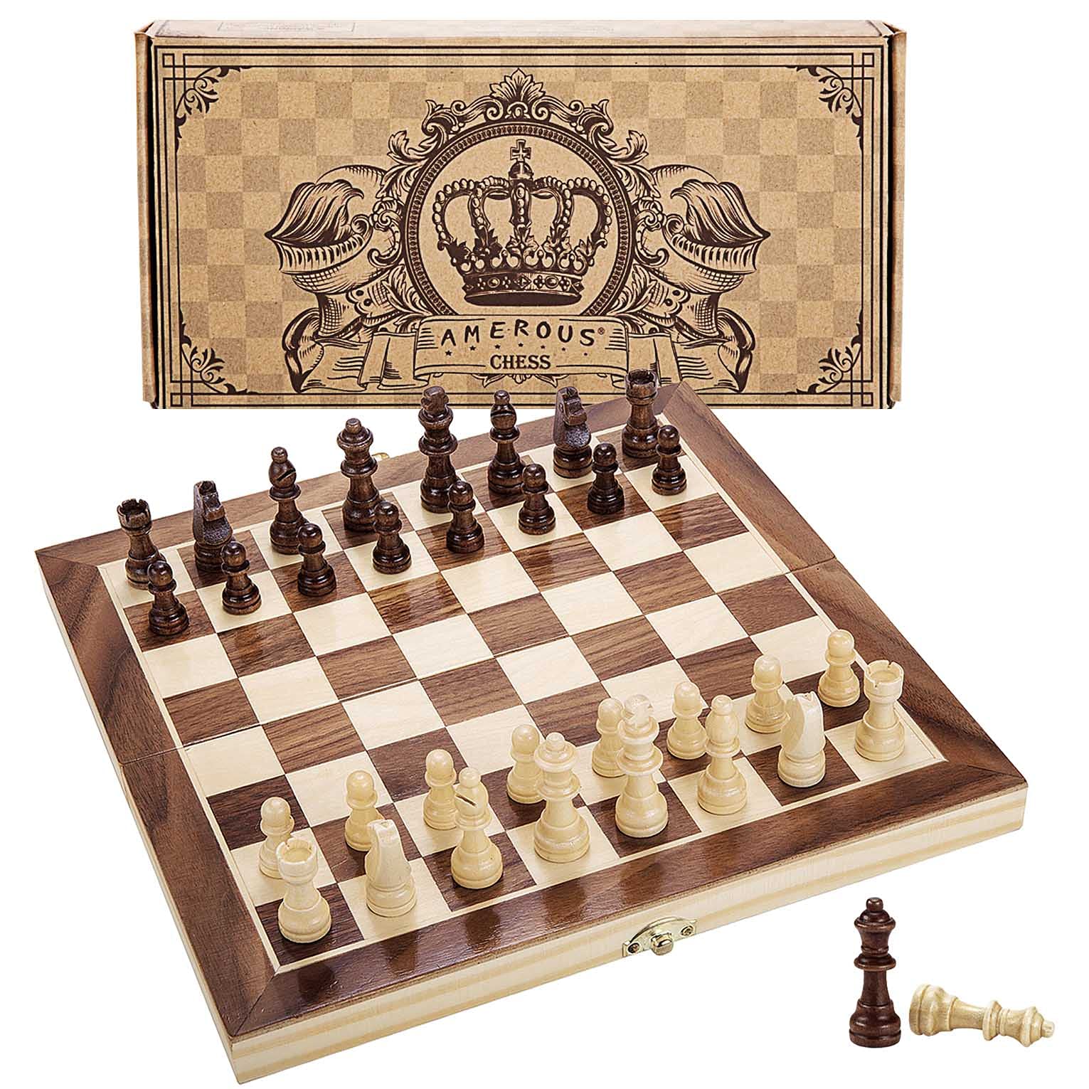AMEROUS 12" x 12" Magnetic Wooden Chess Set for Kids and 6 up Age, 2 Bonus Extra Queens, Folding Board with Storage Slots, Handmade Chess Pieces