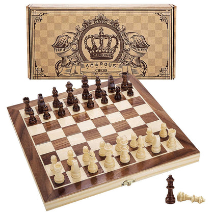 AMEROUS 12" x 12" Magnetic Wooden Chess Set for Kids and 6 up Age, 2 Bonus Extra Queens, Folding Board with Storage Slots, Handmade Chess Pieces