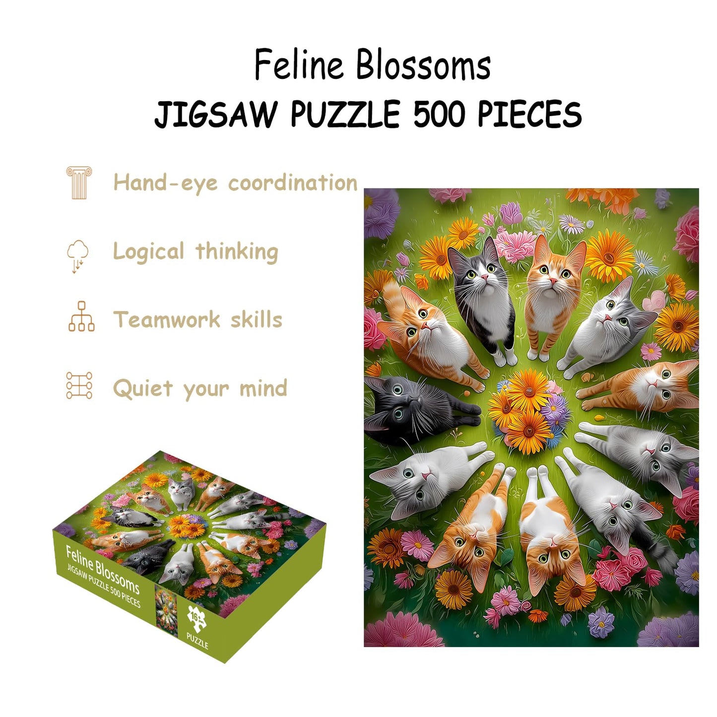 Puzzles for Adults 500 Pieces, Cat Jigsaw Puzzles - Feline Blossoms, Impossible Flower Puzzle for Seniors Family, 20.47 x 14.96 inches, 1:1 Poster