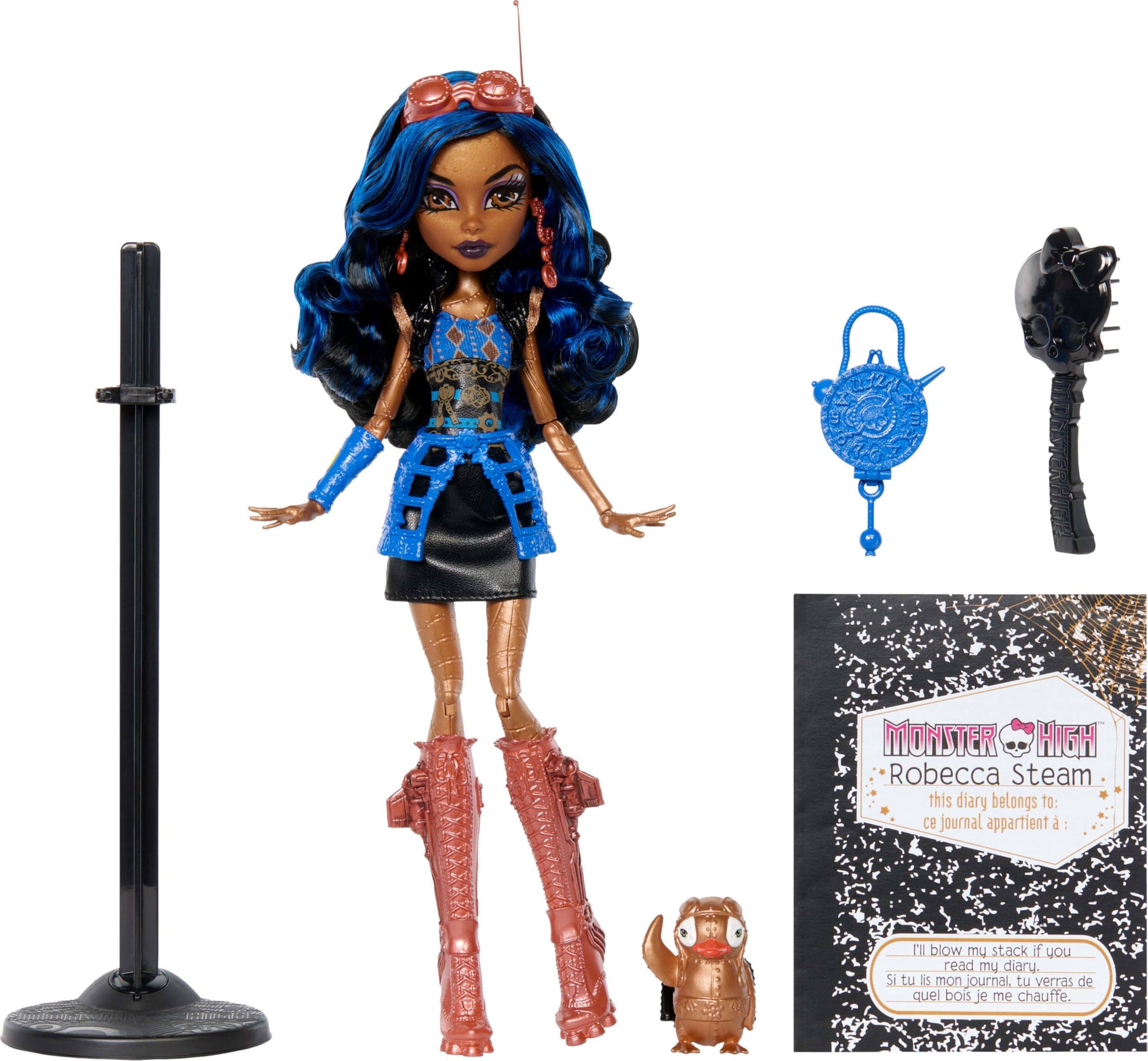 Monster High Boo-riginal Creeproduction Doll, Robecca Steam Collectible Reproduction with Doll Stand, Diary, and Pet Penguin Captain Penny