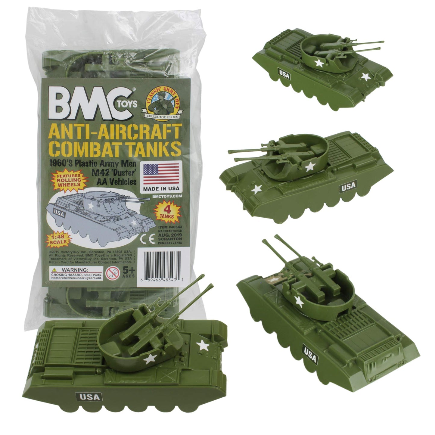 BMC Classic Payton Anti-Aircraft Tanks - 4pc OD Green Plastic Army Men Vehicles