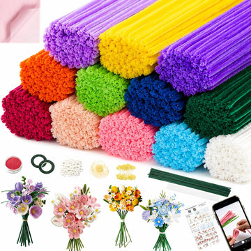 600 Pcs Pipe Cleaners Craft Kit, 12 Colors Pipe Cleaners Bulk for DIY Crafts, Beginner-Friendly Chenille Stems with Video Tutorial, Complete Pipe