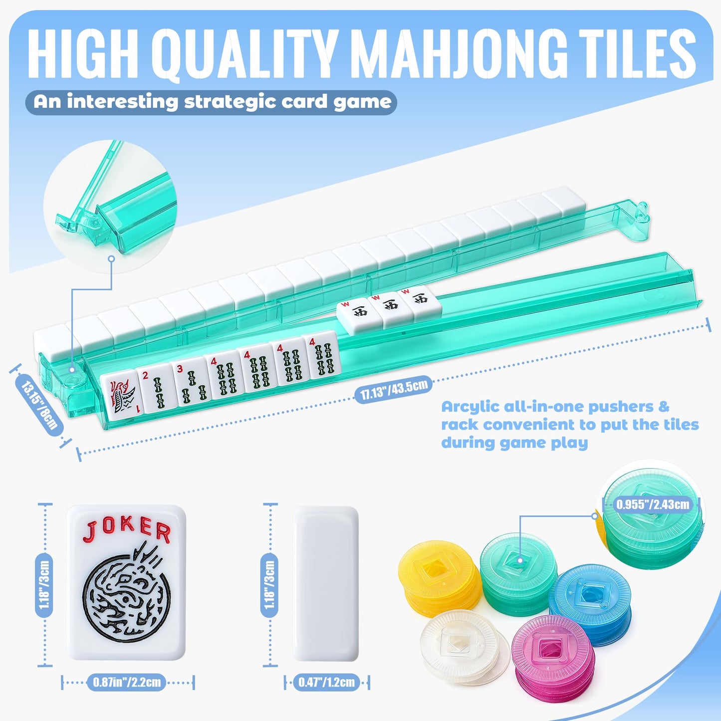 Noufwa American Mahjong Tile Set - 166 Quality White Tiles & 4 All-in-One Mahjong Racks with Pushers, Travel Vita Mahjong Game Set Complete
