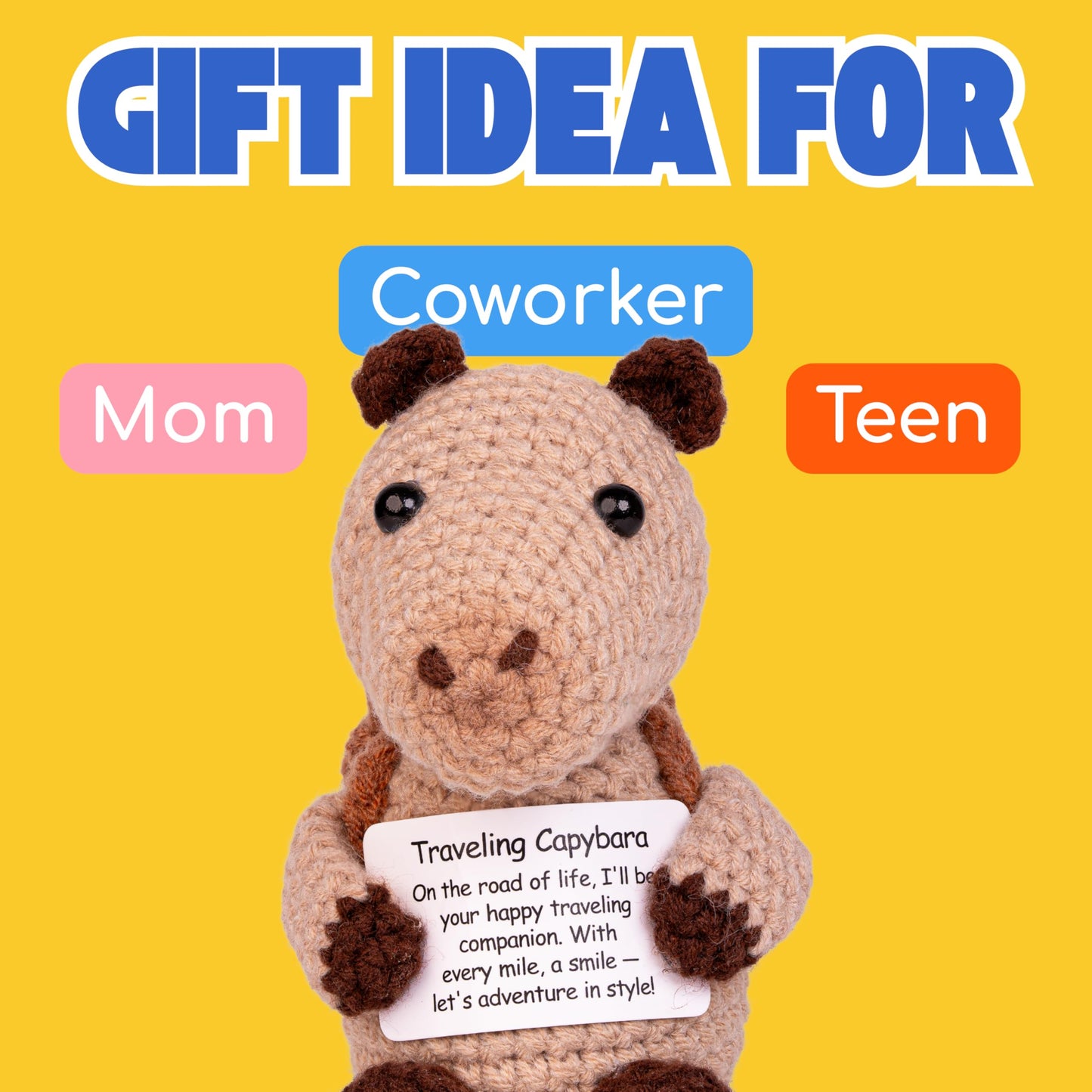 Cheerspace Traveling Capybara - Positive Crochet Toy with Uplifting Message | Gifts for Women | Handmade Plush for Travel & Anxiety Relief