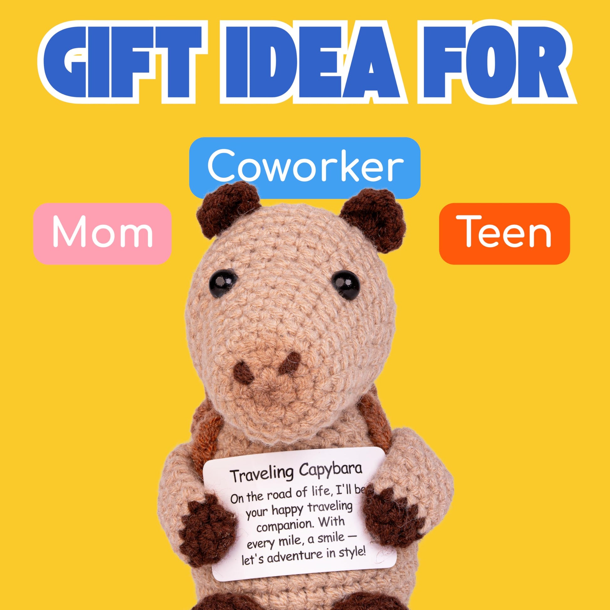 Cheerspace Traveling Capybara - Positive Crochet Toy with Uplifting Message | Gifts for Women | Handmade Plush for Travel & Anxiety Relief