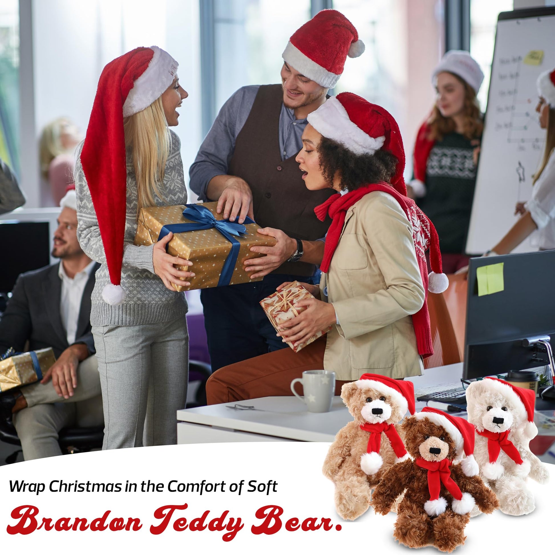 Plushland Adorable Soft Brandon Teddy Bear, Stuffed Animal Holiday Toys with Hat and Scarf Christmas Accessories - A Perfect Toy Gift for Kids 12