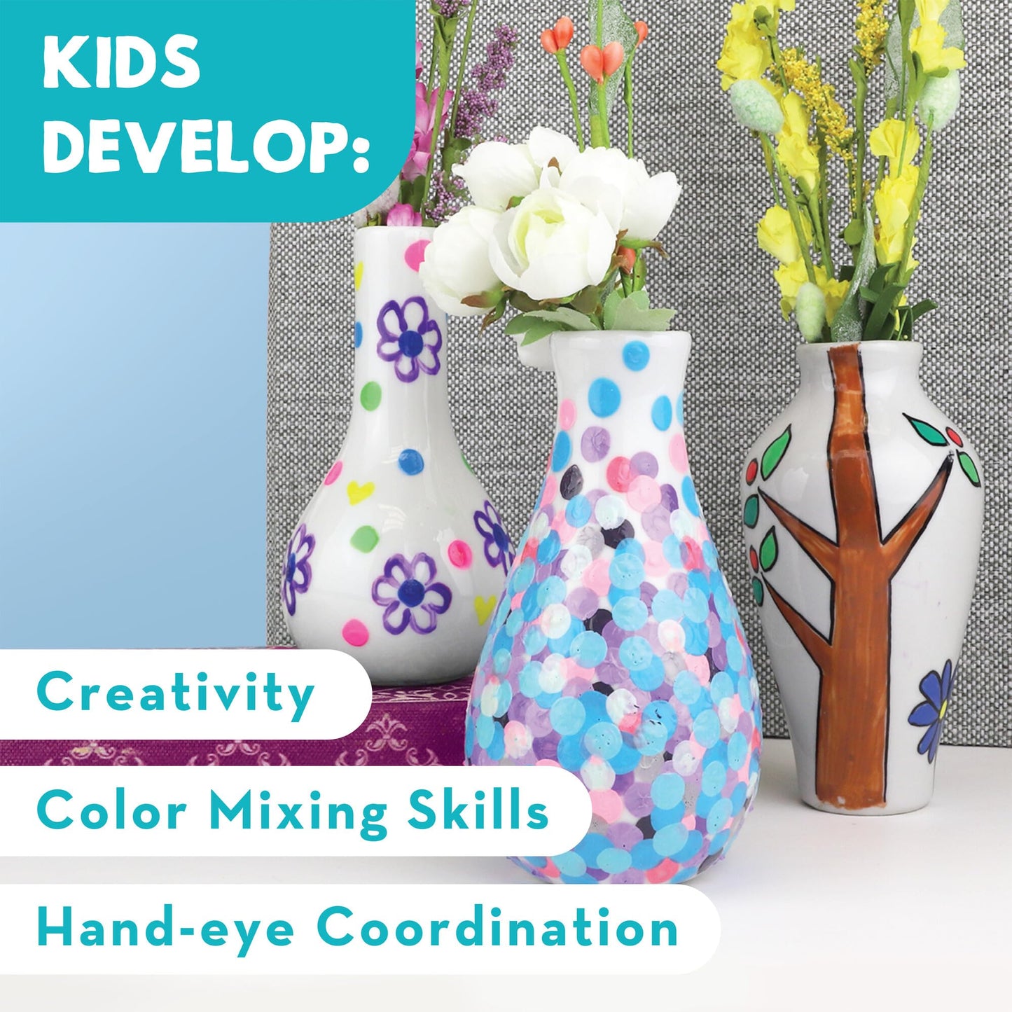 MindWare Paint Your Own Porcelain Vases Kit for Kids Ages 8+, 3 Ceramic Vases, 12 Paints, Brush, Guide, Bake & Display DIY Arts and Crafts Gift Set