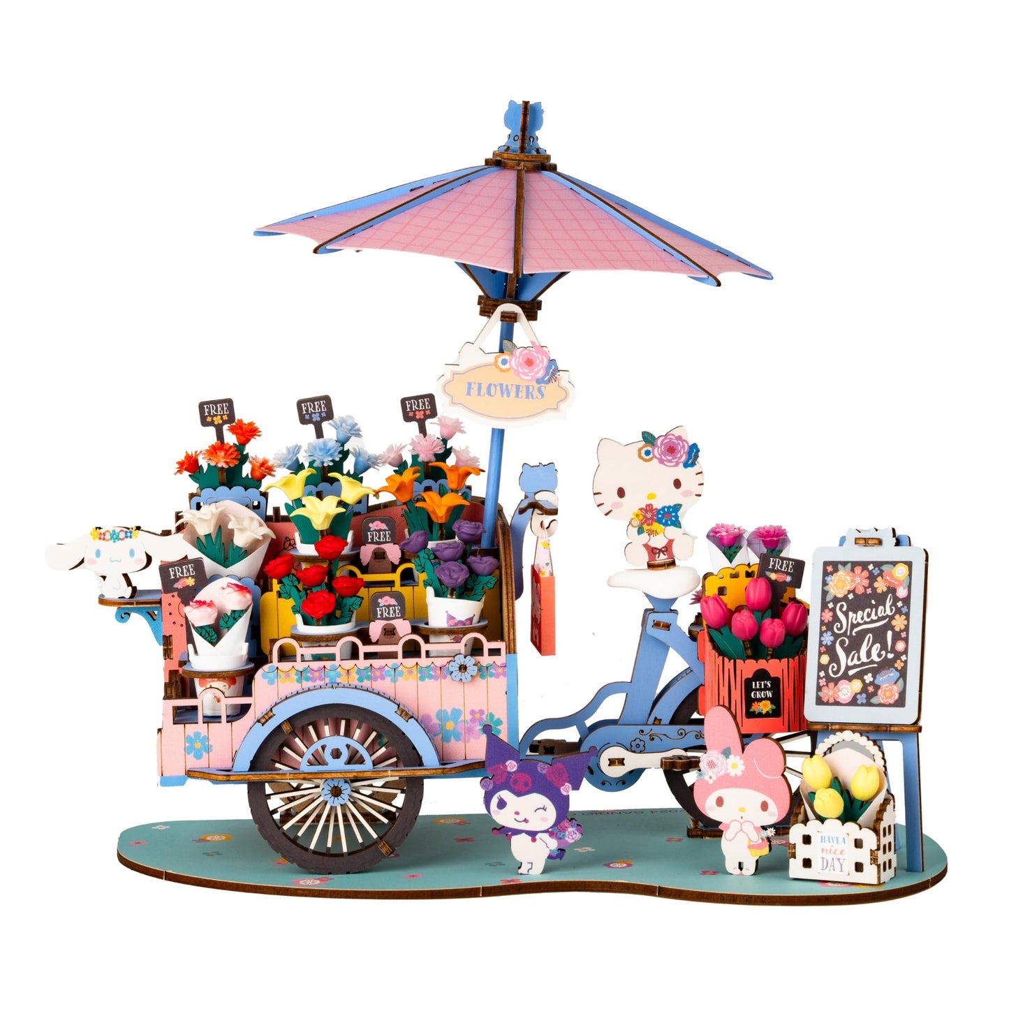 Hands Craft Hello Kitty And Friends Flower Cart 3D Wooden Puzzle Kit | DIY Floral Model | Arts & Crafts for Adults & Kids | Creative Hobby Kits |