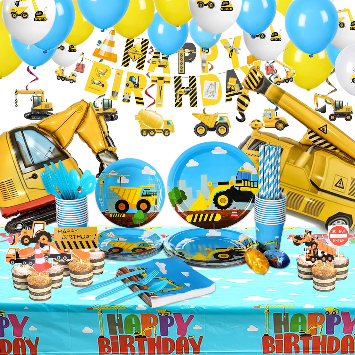 Construction Birthday Party Supplies Set For Boys - 24 Guests - Dump Truck And Tractor Party Decorations, Paper Plates Cups Napkins Straws Balloons