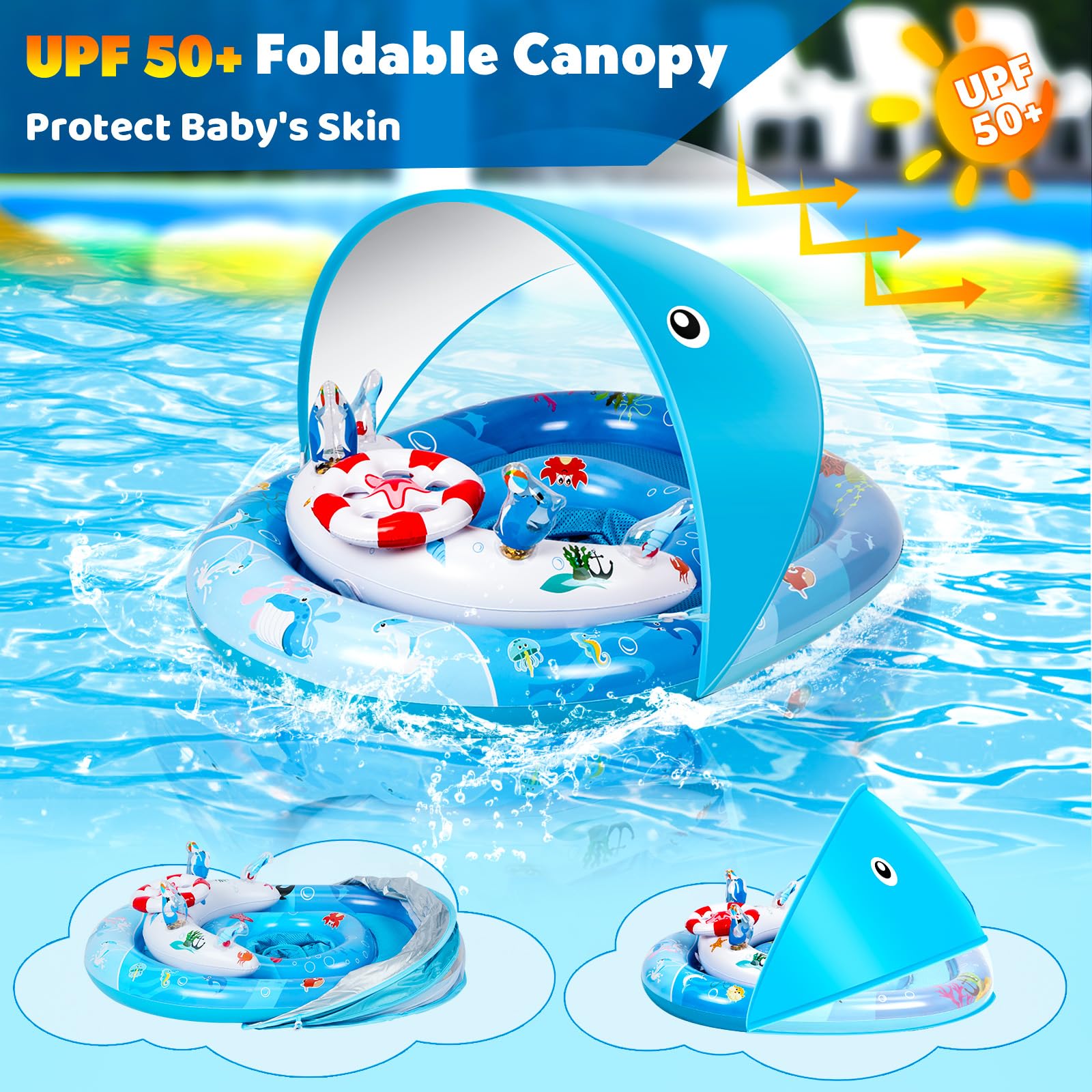 Baby Pool Float with Canopy, Baby Swim Float with UPF50+ Sun Canopy