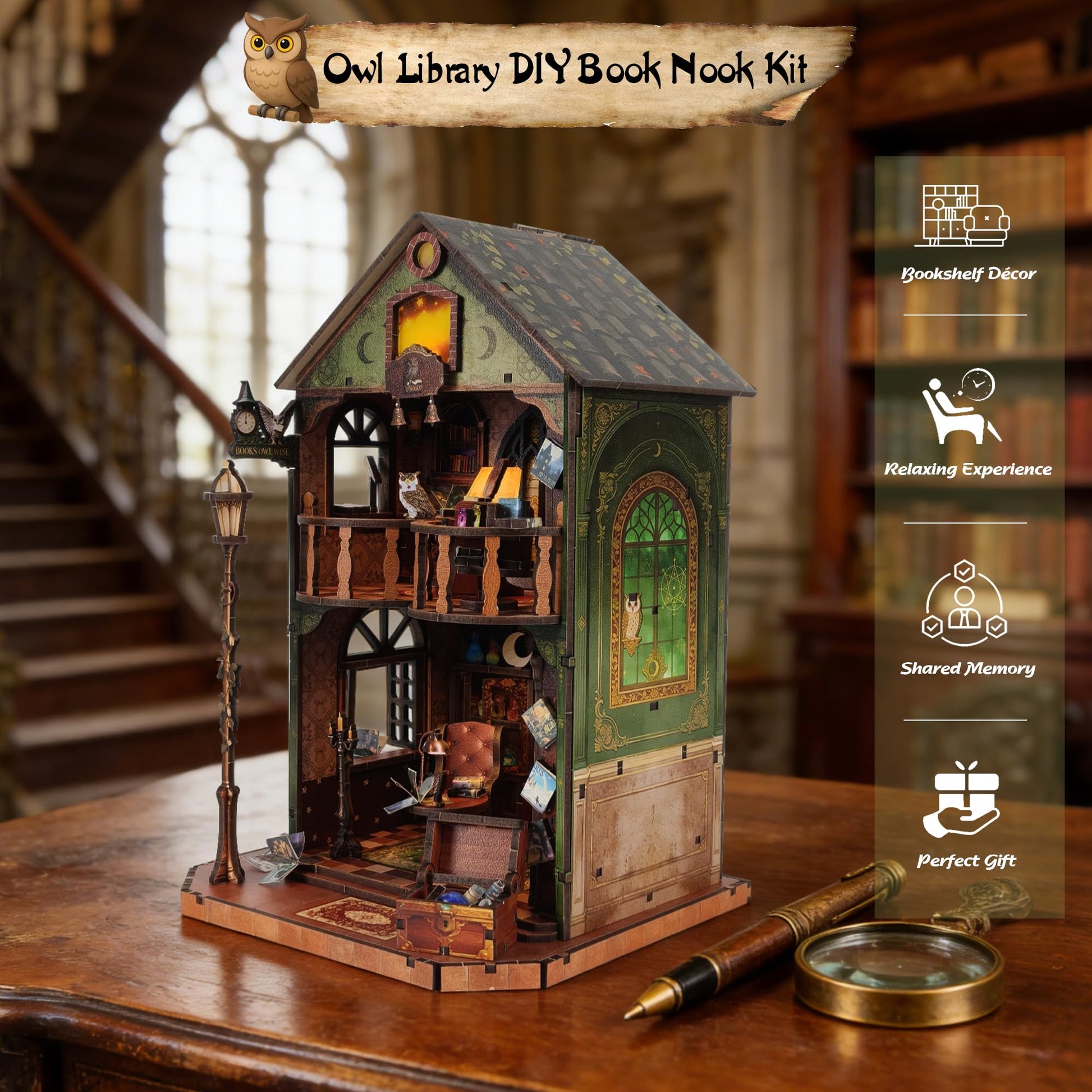 DIY Book Nook Kit | Miniature House Kit with LED Lights | 3D Wooden Puzzles for Adults & Teens | Creative Model Building Kit | Unique Bookshelf Decor