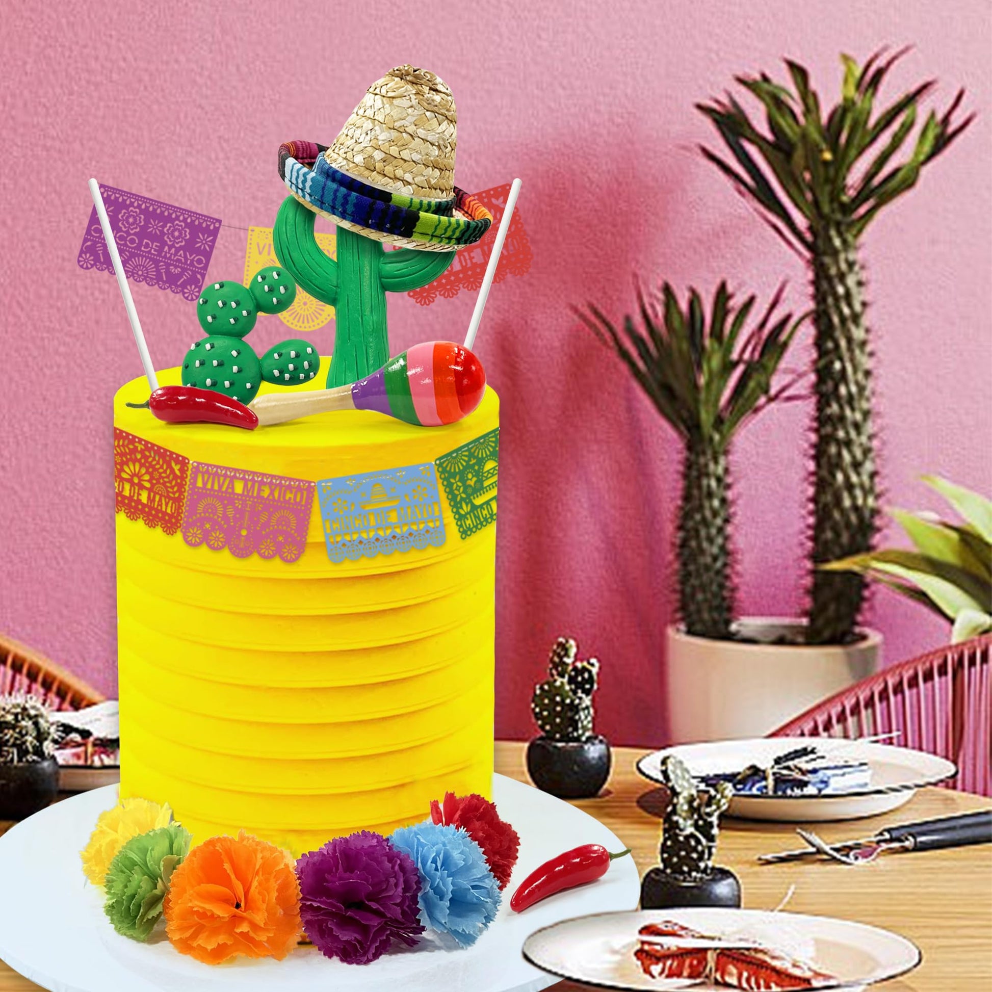 25 PCS Mexican Fiesta Cake Topper Mini Mexican Papel Picado Banner Cactus Pepper Sombrero and Flower Cake Decor for Mexican Themed Party Decorations