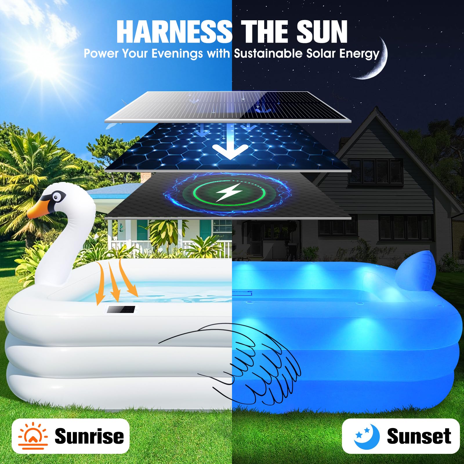 Blow Up Pools For Adults, Solar Swan Inflatable Pool With Lights, Inflatable Swimming Pool For Adults, Large Blow Up Pool For Kids Pool For Backyard