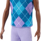 Barbie Fashionistas Style Ken Doll #253 with Brown Hair, Wearing Lavendar Shorts with Turquoise and Lavender Argyle Shirt, White Shoes