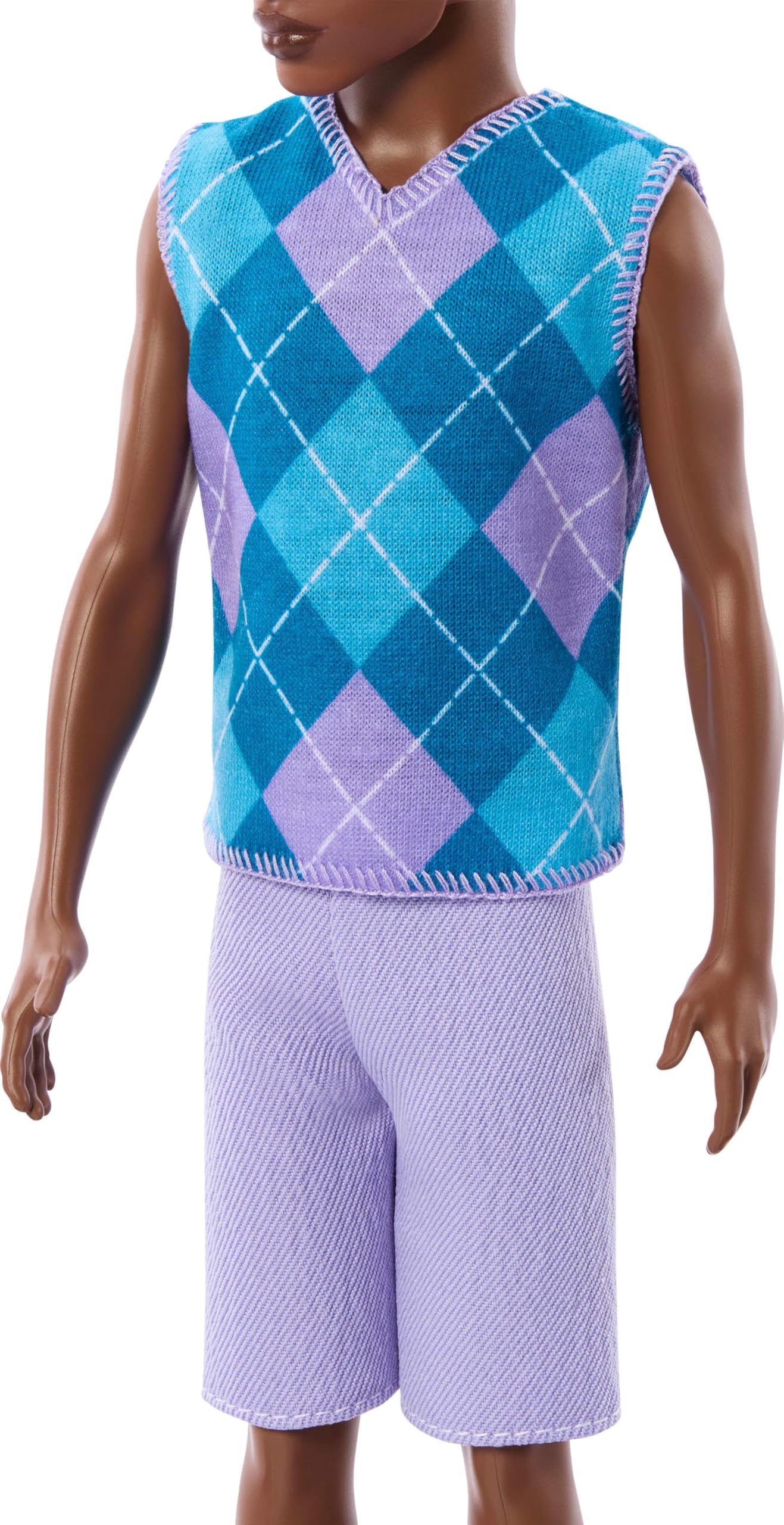 Barbie Fashionistas Style Ken Doll #253 with Brown Hair, Wearing Lavendar Shorts with Turquoise and Lavender Argyle Shirt, White Shoes