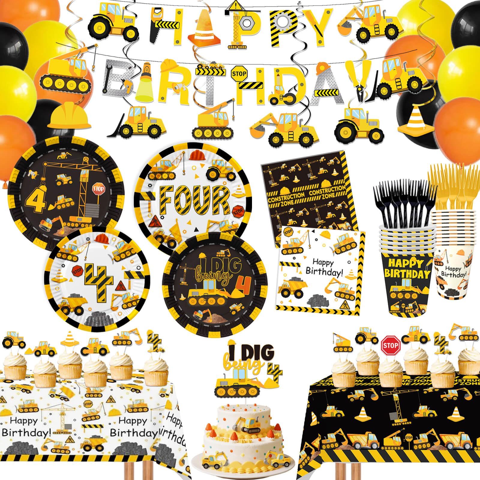 210 Pcs Construction 4th Birthday Decorations - Includes Plates Napkins Cups Cake Cupcake Toppers Banner Hanging Swirls Tablecloths Balloons