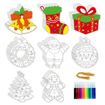 40Pcs Christmas Wreath Reindeer Coloring Kit, DIY Paper Xmas Coloring Arts Ornaments with Ropes & Colorful Pens for Xmas Party Home Classroom