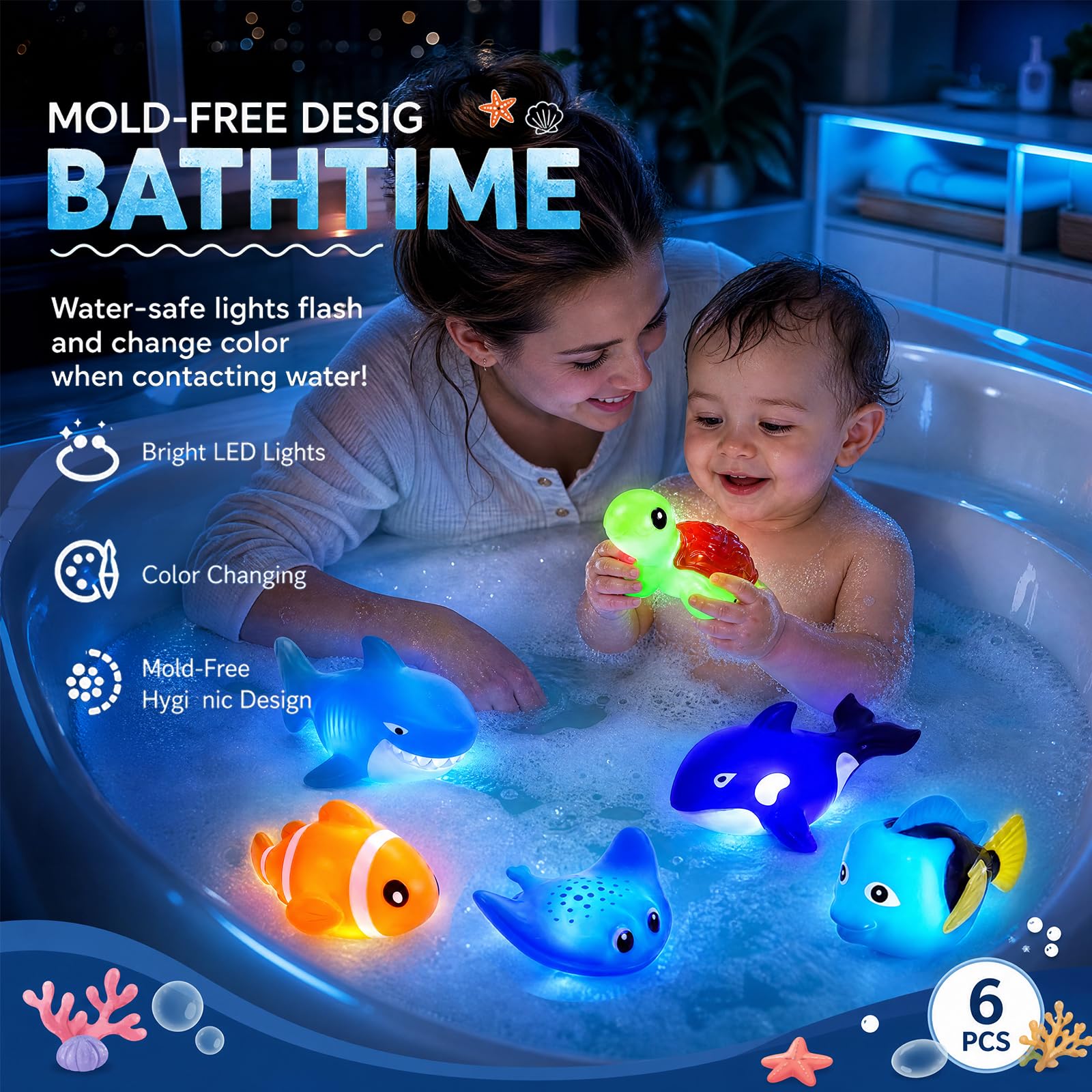 KODGEUSM Light Up Bath Toys,Mold Free No Hole Baby Bath Toys for Toddlers,Water-Activated Lights Flashes and Change Color Ocean Animal,Sensory Toys