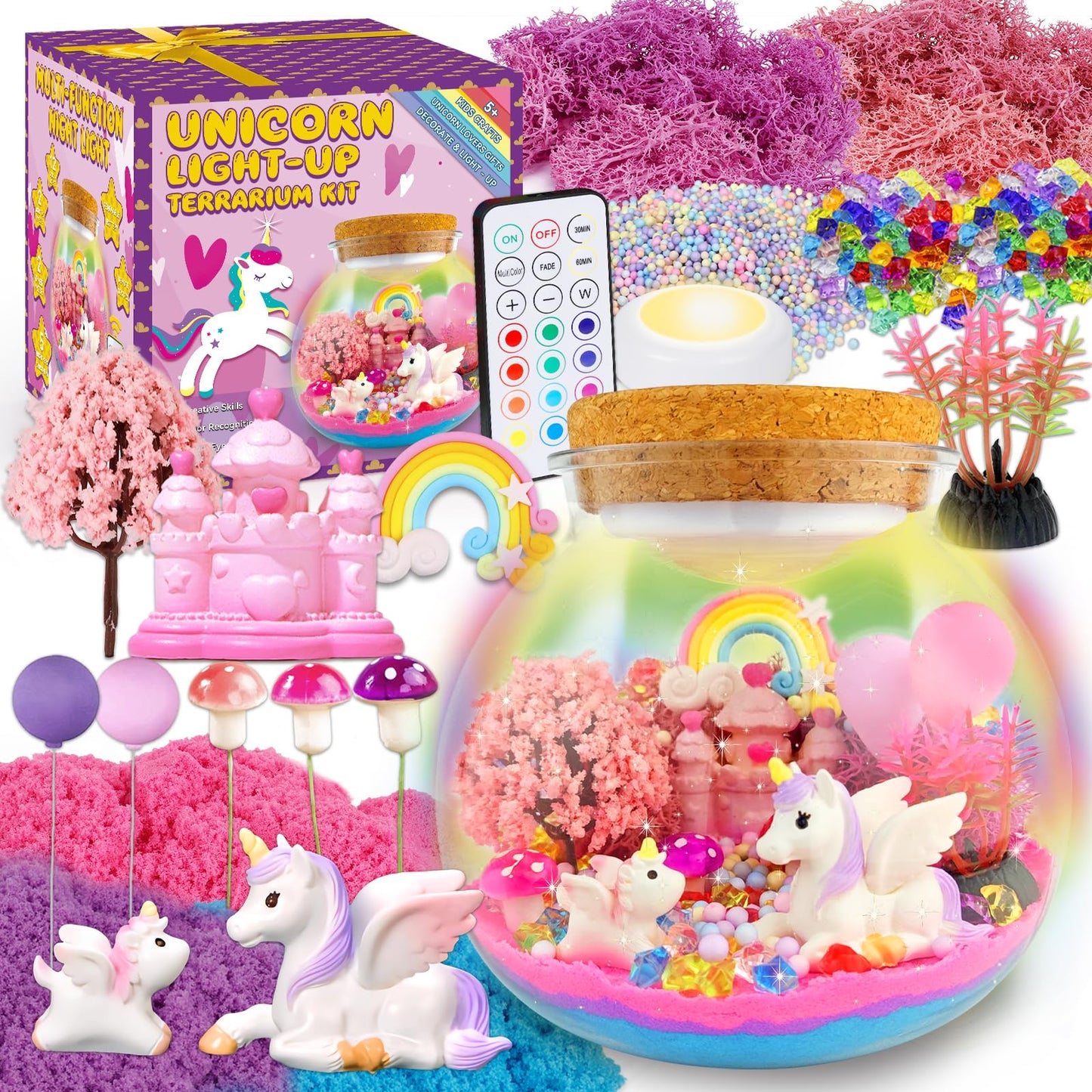 7july Unicorn Terrarium Crafts Kit for Kids-LED Night Light Up & Remote Unicorn Birthday Gifts Toys for Girls Ages5 6 7 8 9 10 Year Old-Christmas
