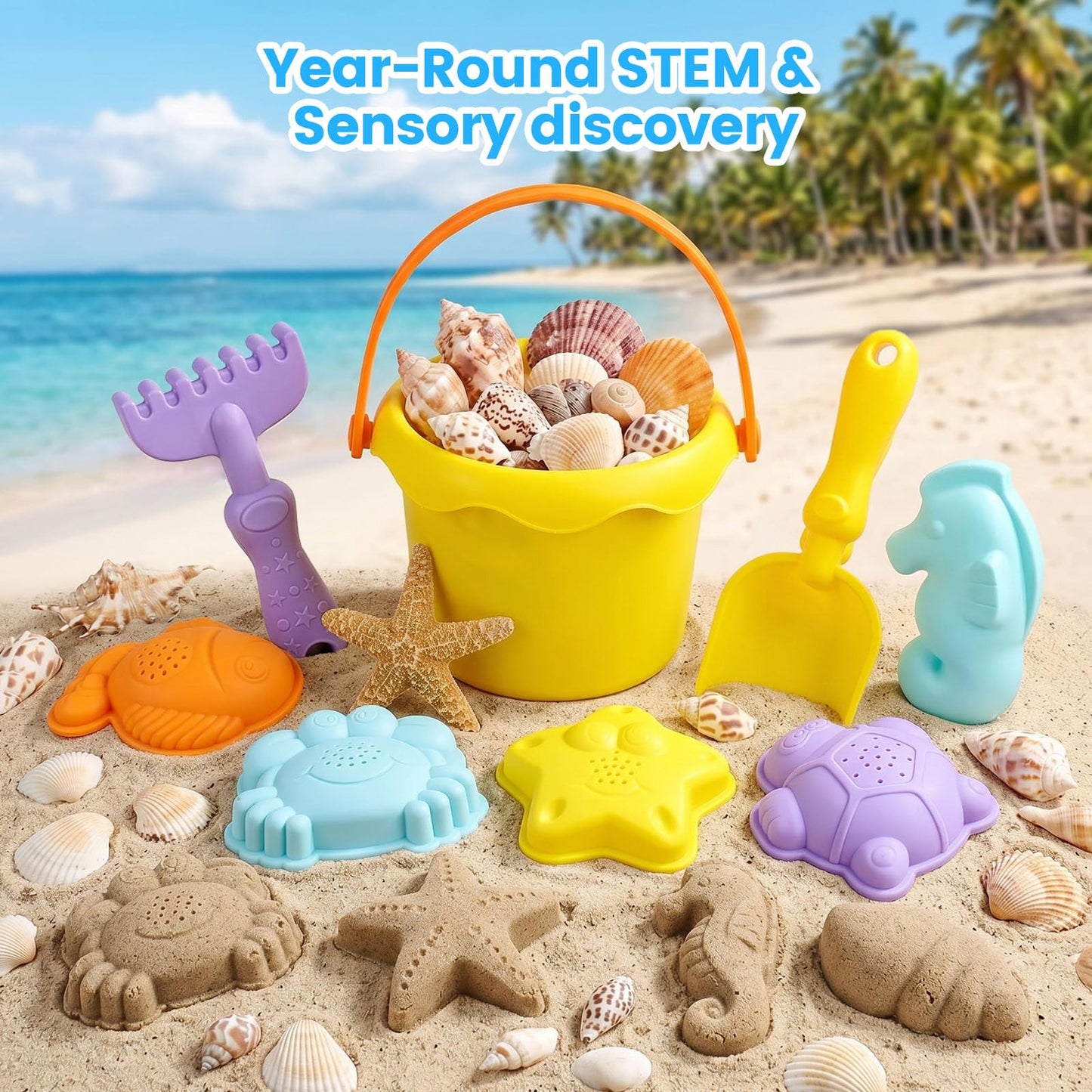 3 Otters Beach Toys Set, Bucket and Shovel RakesTool, Ocean Animals, 9 Pcs