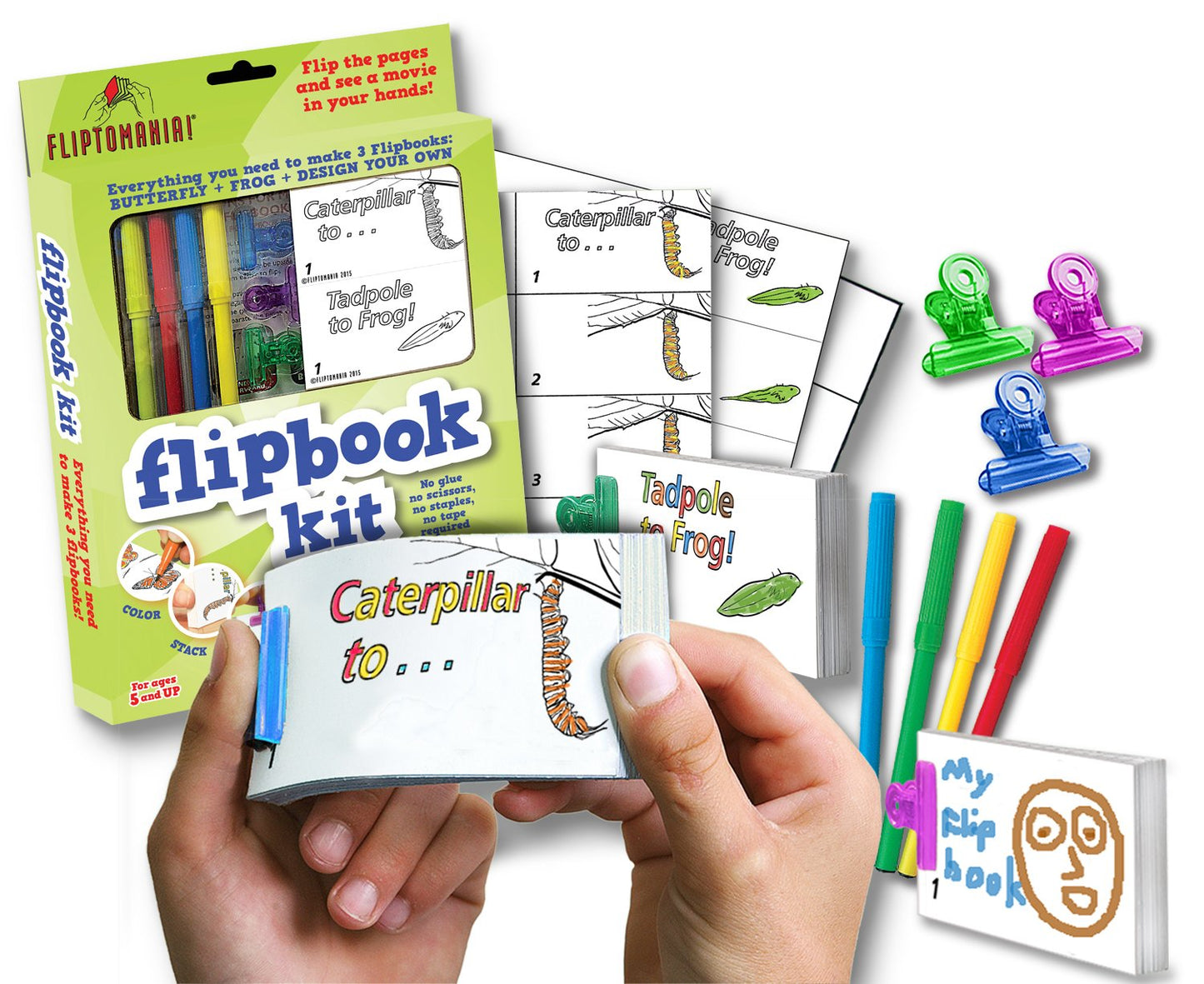 Fliptomania Flipbook Make-Your-Own Flip Book Kit for Kids 3 Pack, Butterfly, Frog, & Blank DIY Flipbook Paper, Drawing Kids Arts & Crafts Project Set