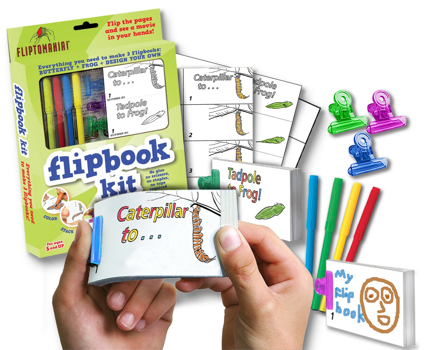 Fliptomania Flipbook Make-Your-Own Flip Book Kit for Kids 3 Pack, Butterfly, Frog, & Blank DIY Flipbook Paper, Drawing Kids Arts & Crafts Project Set