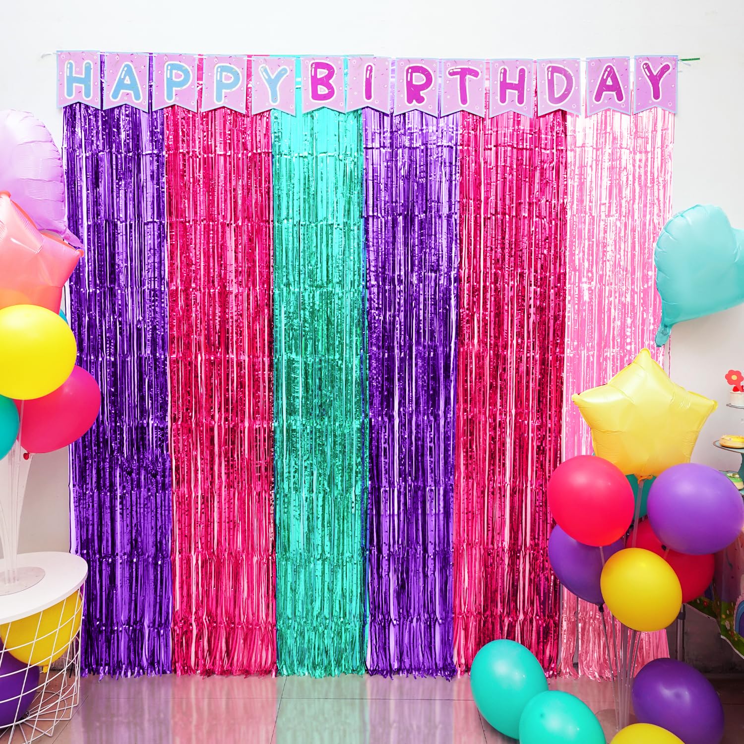 Satankya Cute Dollhouse Birthday Decorations, 2 Pack Dollhouse Party Photo Booth Prop, Purple Pink Teal Fringe Curtains Tinsel Photo Streamers