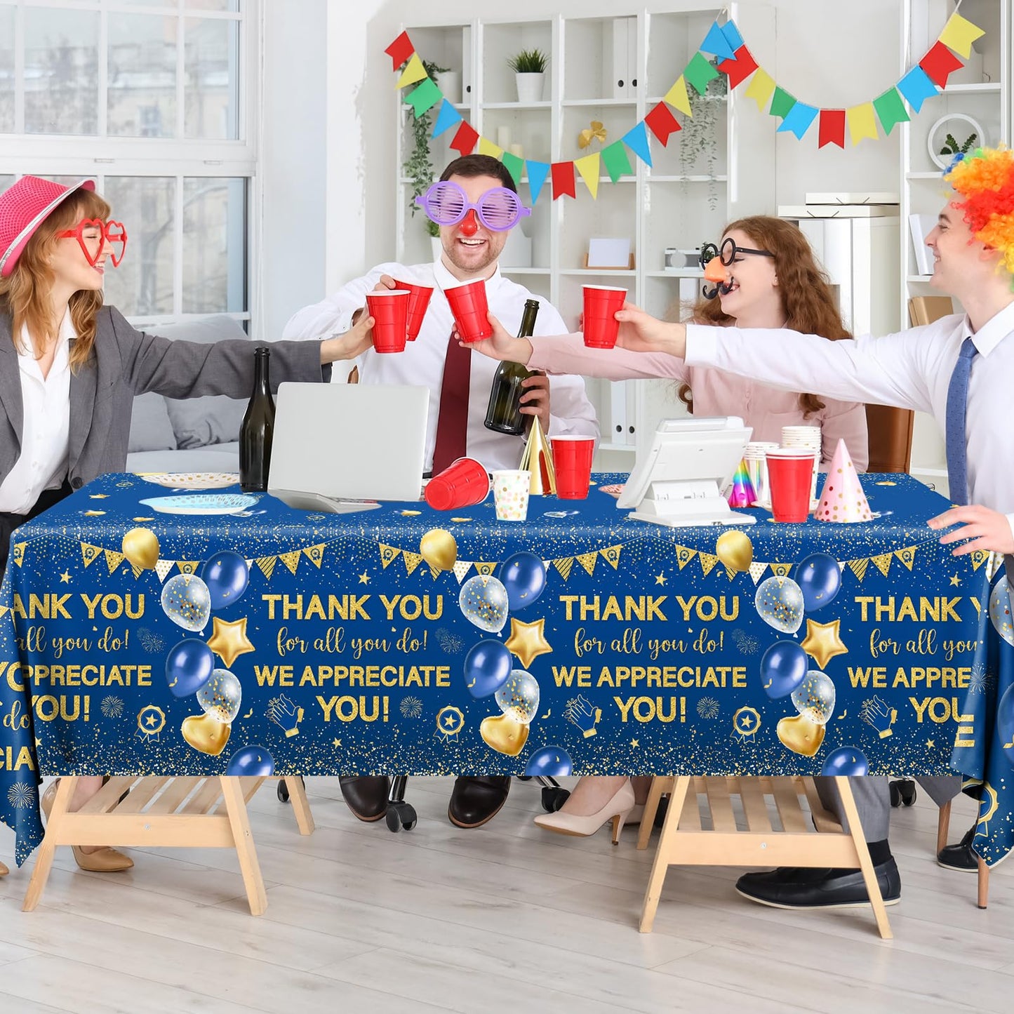 TEMYAXU 3Pieces We Appreciate You Decorations Tablecloth, 71 * 43 Inch Thank You for All You Do Table Cover Blue and Gold Thank You Tablecloth