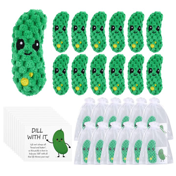 Yuunheg 12 Pcs Pickle Gifts Pickle Crochet Doll, Crochet Cucumber with Encouragement Support Cards & Organza Bags, Positive Gifts for Employee