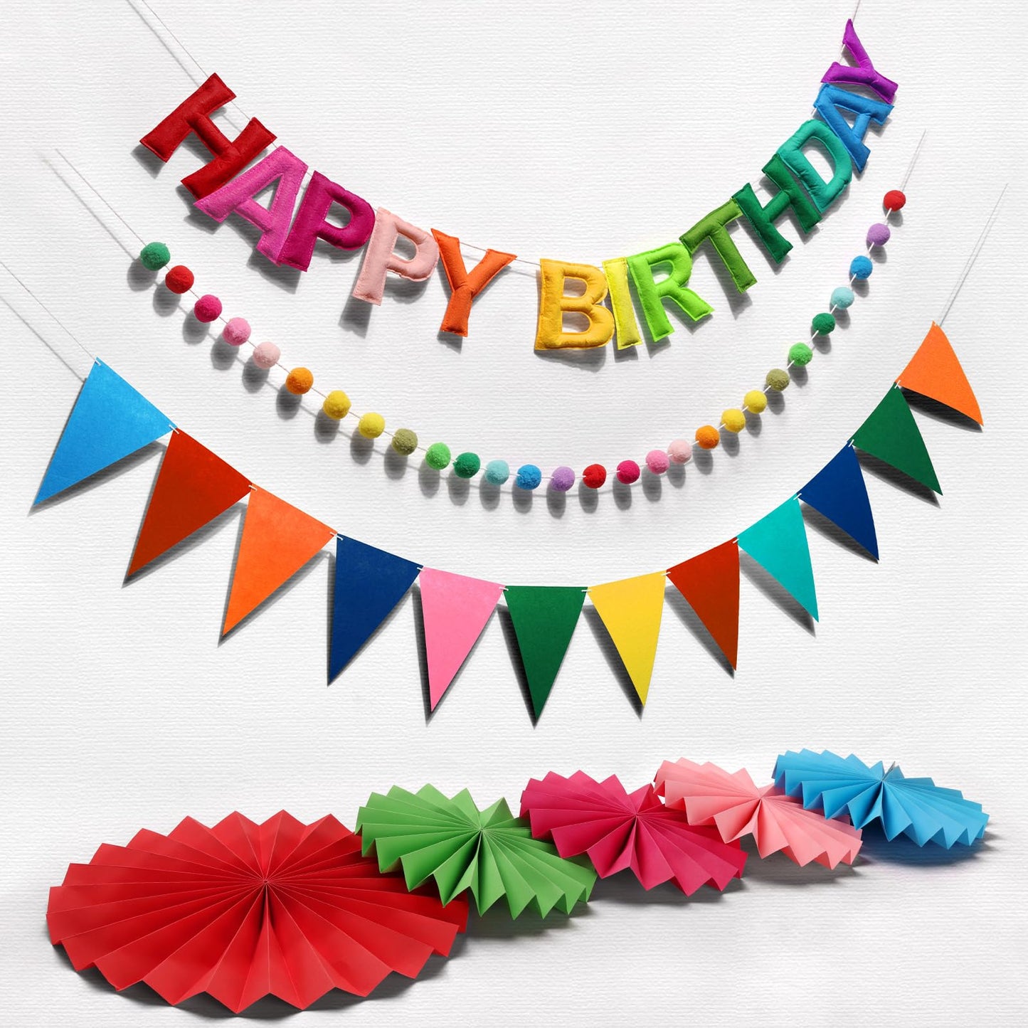 Danadia Rainbow 3D Happy Birthday Banner, Pre-Strung Felt Party Decorations