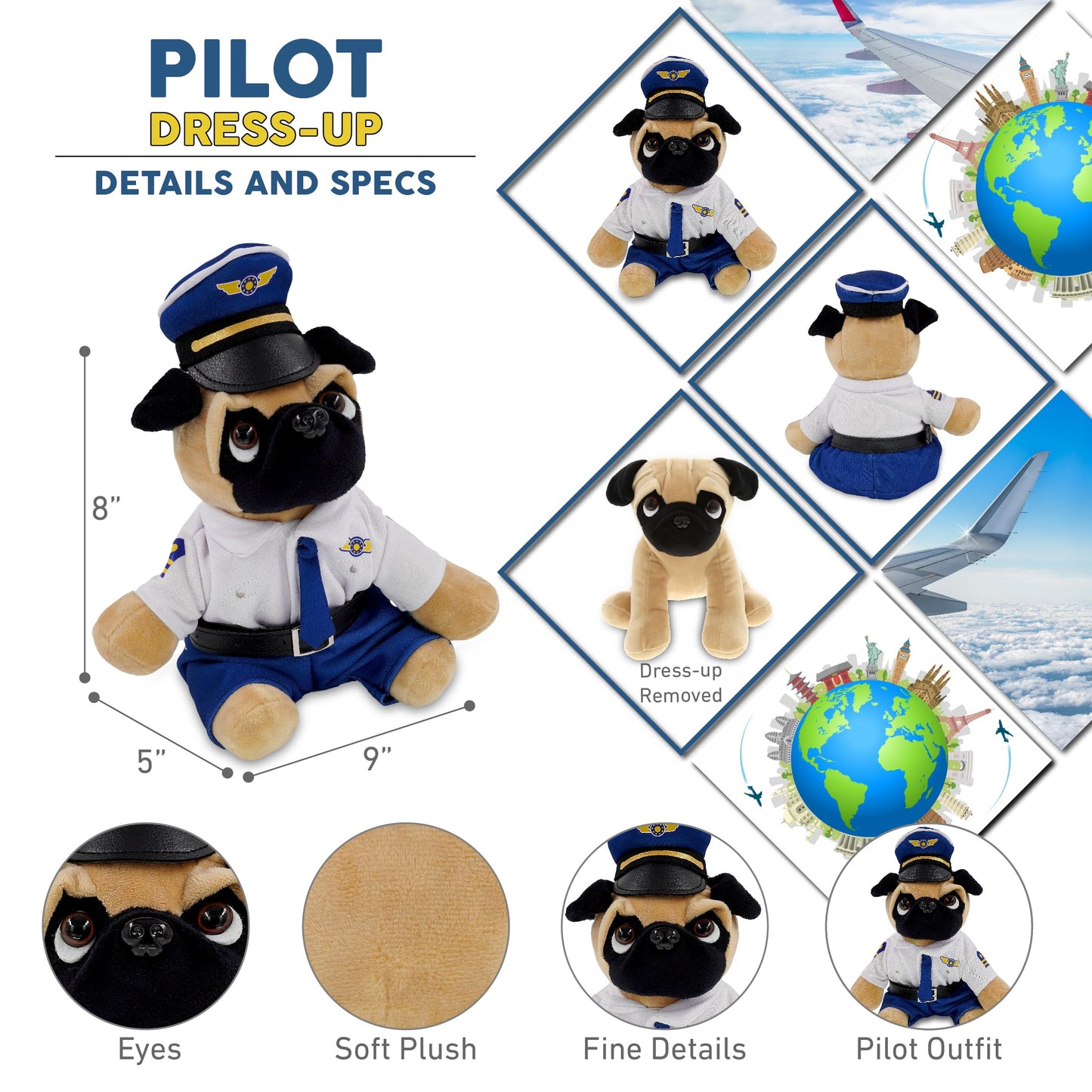 DolliBu Pug Dog Stuffed Animal with Pilot Costume and Name Personalization - Cute Pet Plush Toy with Airplane Aviation Uniform Dress Up - 8 Inches
