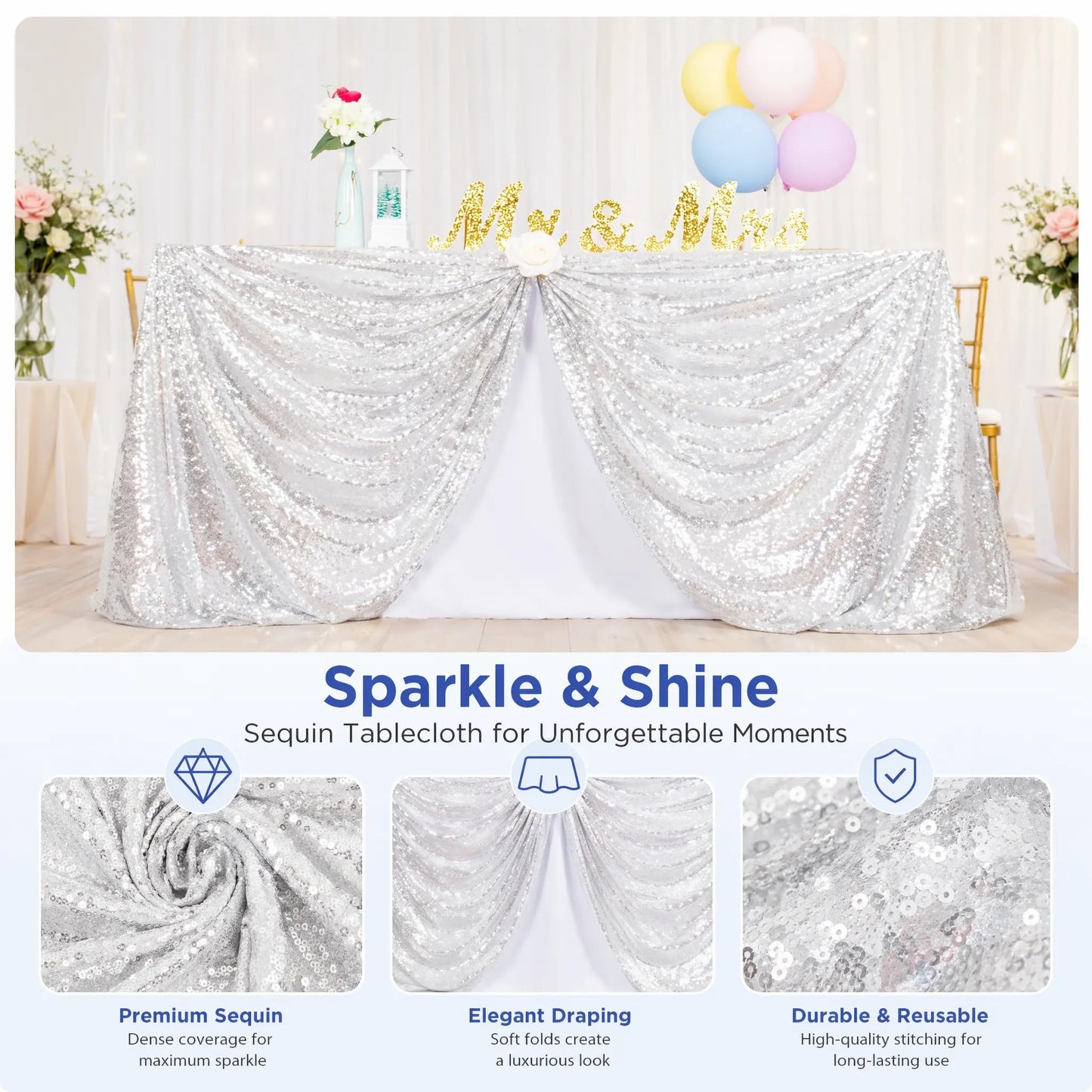 ShiDianYi Silver Sequin Tablecloth 50x72, Sparkly Glitter for Wedding Party