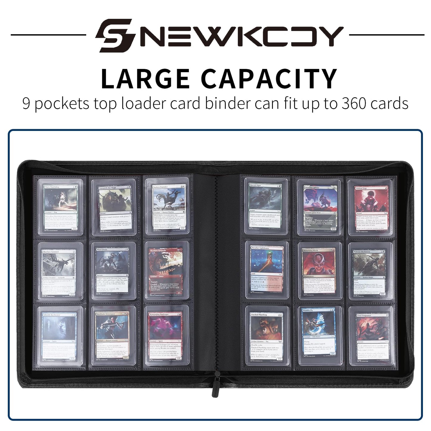 Snekdy Top loader Binder, 9 Pockets Top Loader?Holds 360 Top Loaders cards, Card binder with Sleeves for card in 3 x 4 inches color smooth Zipper PU