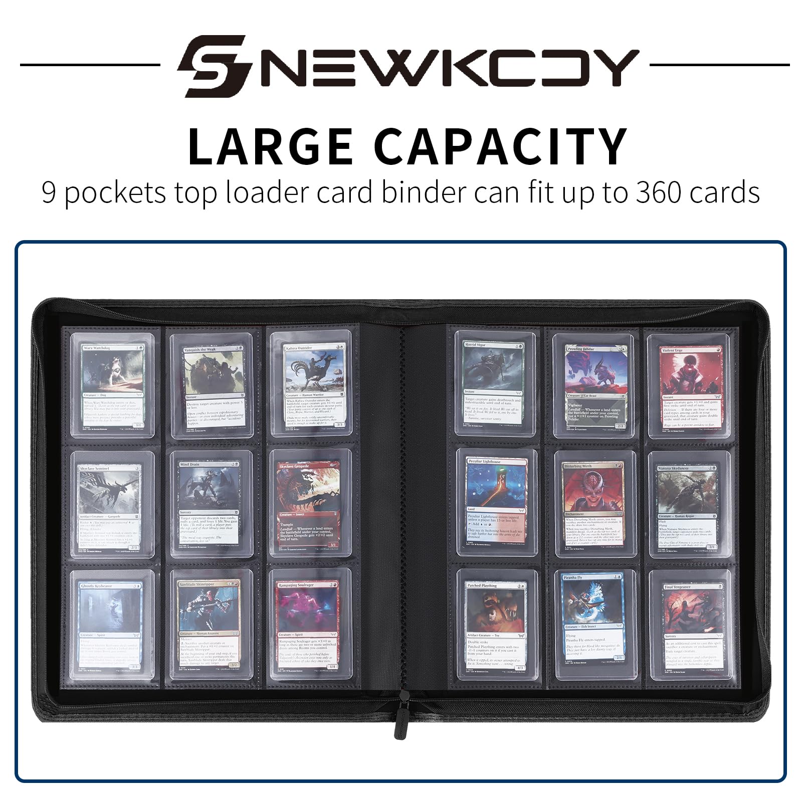 Snekdy Top loader Binder, 9 Pockets Top Loader?Holds 360 Top Loaders cards, Card binder with Sleeves for card in 3 x 4 inches color smooth Zipper PU