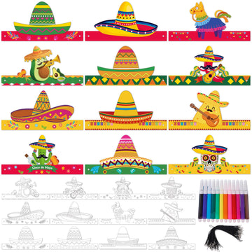 Fennoral 24 Pack Cinco de Mayo Sombrero Headband Craft Kit for Kids Color Your Own Mexico Fiesta Headbands with Markers DIY Arts & Crafts for Party