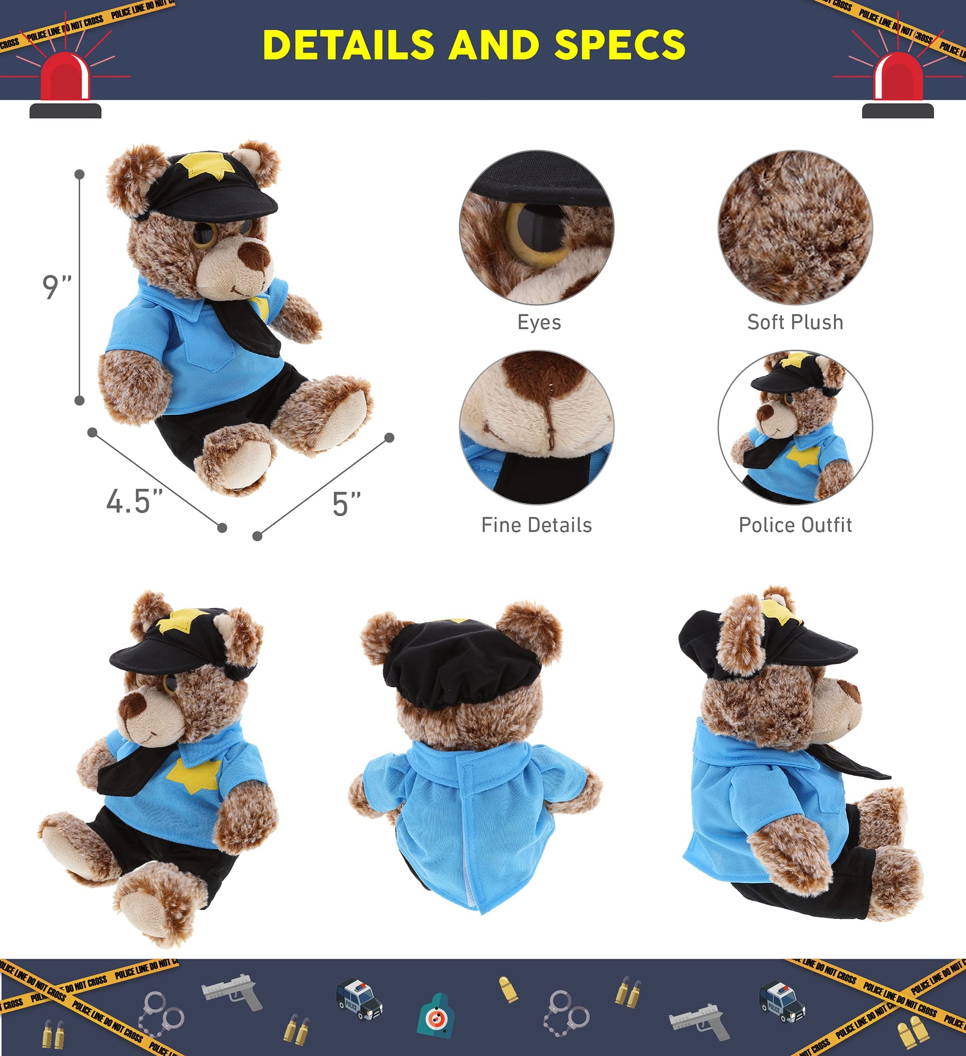 DolliBu Sitting Brown Teddy Bear Stuffed Animal - Soft Sitting Stuffed Bear Plush Toy Police Dress Up with Police Uniform and Cap Outfit, Toy