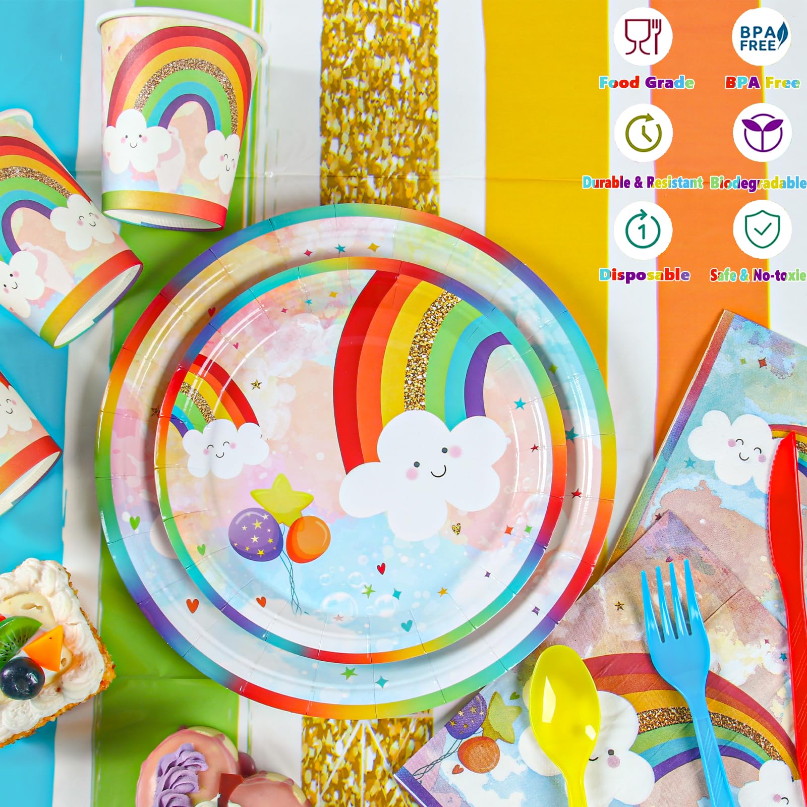 Rainbow Party Supplies, Happy Birthday Decorations for Girls & Boys -169pcs Rainbow Party Tableware Set Include 9" and 7" Party Plates and Napkins