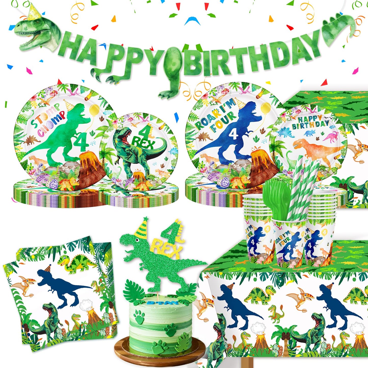 148ps Roar I’m Four Dinosaur 4th Birthday Decorations Boy Dinosaur 4th Bday Tableware Jungle T-rex 4 Rex Dino Plates Napkins Cups Banner Tablecloth